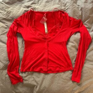 Skims Soft Lounge Lace Long Sleeve Button-up with Bralette in Cherry